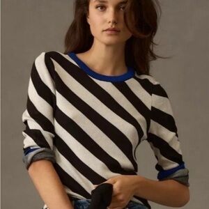 Maeve by Anthropologie Black & White Striped Sweater with Blue Accents - Size S